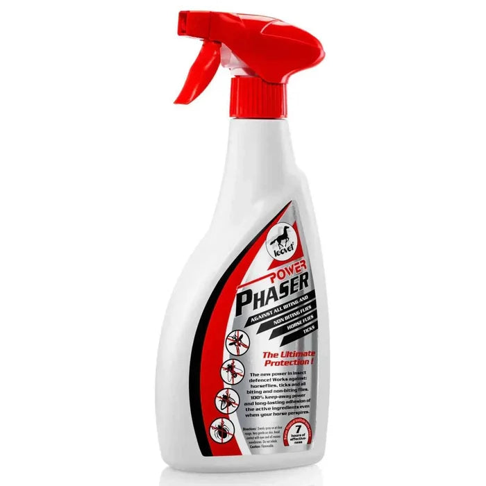 Leovet Power Phaser fly spray for horses and ponies, bottle with a trigger spray head and blue label