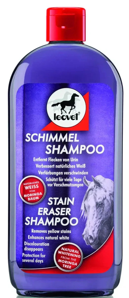 Leovet Stain Eraser Shampoo for white and grey horses, 500ml bottle with a purple label