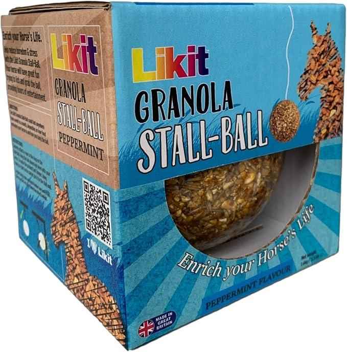 Likit Granola Stall-Ball, a hard round granola horse treat with a rope hanging point