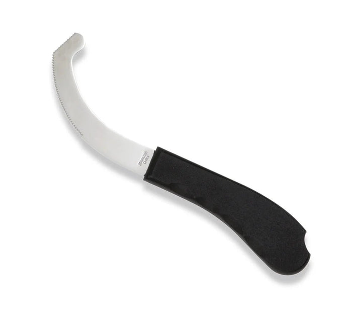 Lincoln bot knife with a short curved serrated blade and moulded plastic handle, for removing bot eggs
