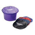 Purple feed bucket cover printed Morning Feed, fitted over the top of a stable feed bucket
