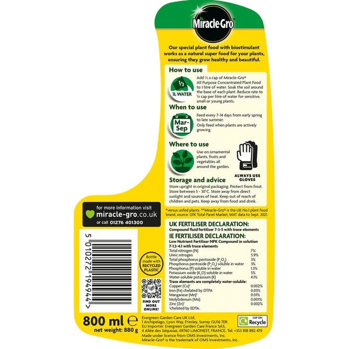 Reverse of the Miracle-Gro All Purpose concentrated liquid plant food bottle