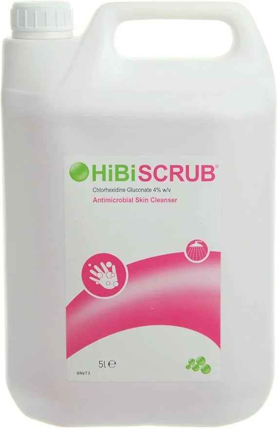 Molnlycke Hibiscrub antibacterial skin cleanser in a 5 litre container