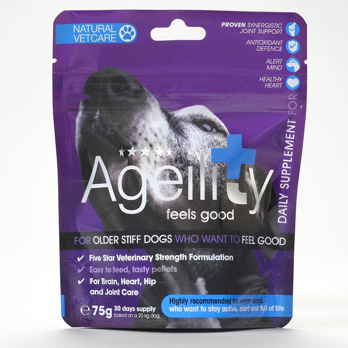 Natural VetCare Ageility pouch, a pelleted joint and vitality supplement for senior dogs