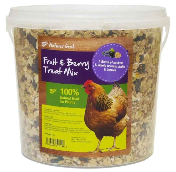 Nature's Grub Fruit and Berry Treat Mix in its 1.2kg reusable bucket with lid