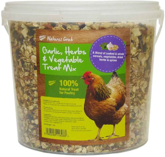 Nature's Grub Garlic, Herb and Vegetable Treat Mix in its 1.2kg reusable bucket