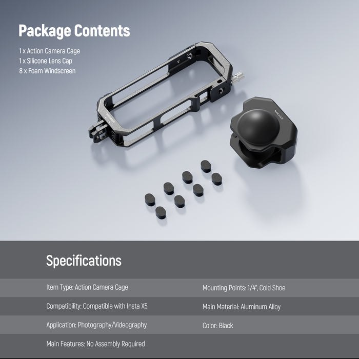This package includes an action camera cage, a silicone lens cap, and 8 foam windscreens.