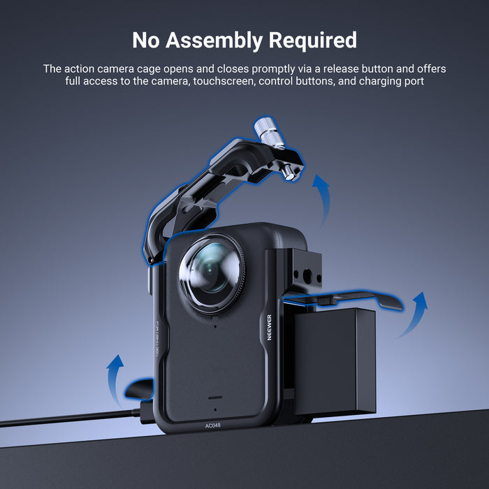 The action camera cage opens and closes promptly via a release button.