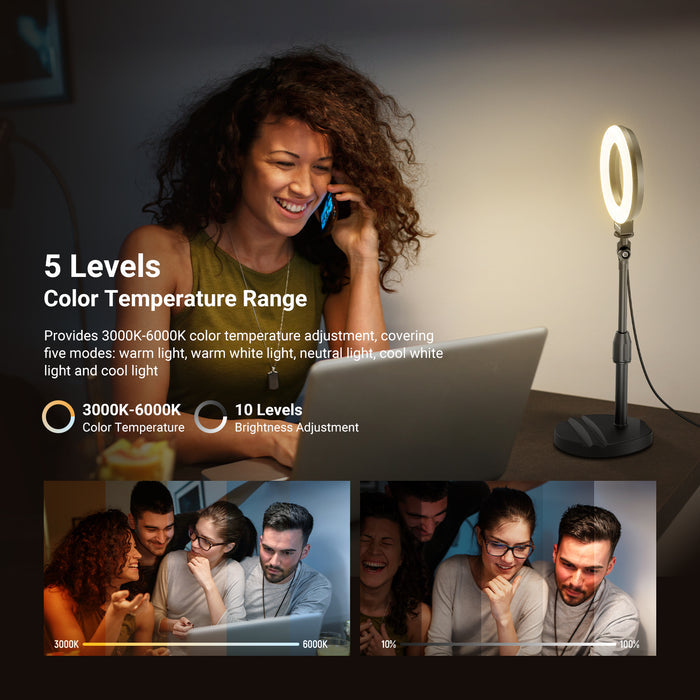 A girl is using the NEEWER BR60 Desk Ring Light kit for Zoom calls.