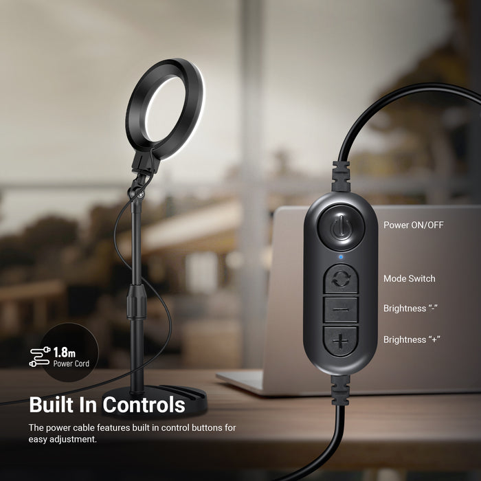 The power cable features built-in control buttons for easy adjustment.