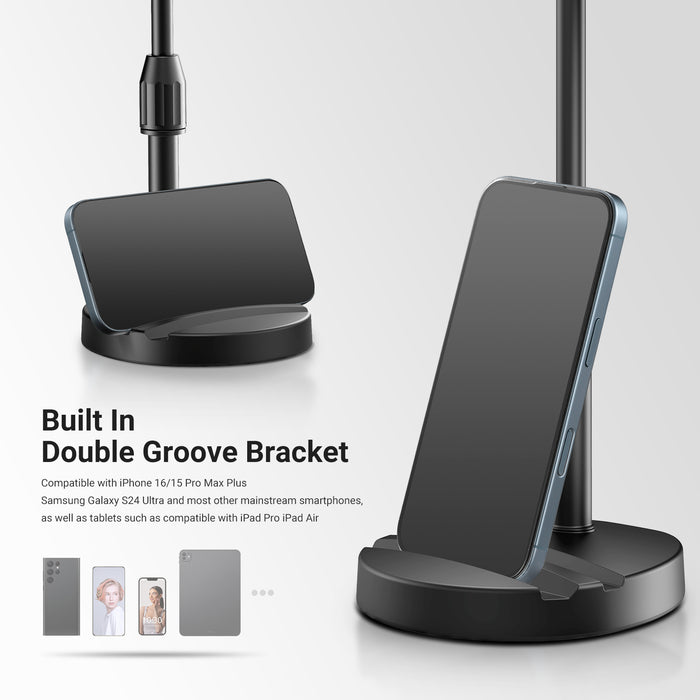The base of the overhead ringlight stand features two grooves