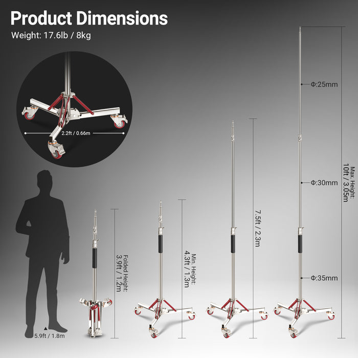 The telescopic tripod light stand adjusts from 4.3-10ft for flexible positioning.