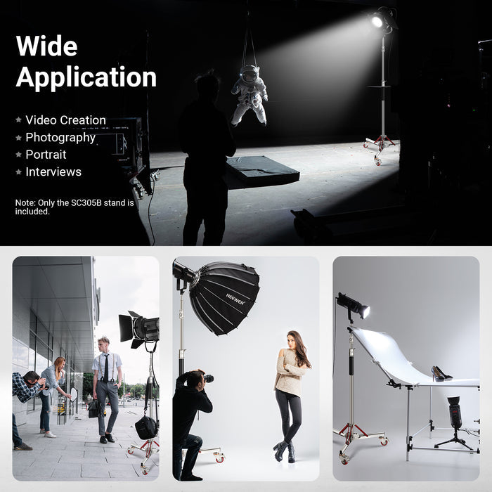 NEEWER SC305B Stainless Steel Rolling Light Stand is ideal for video creation, photography, portrat, and interviews.
