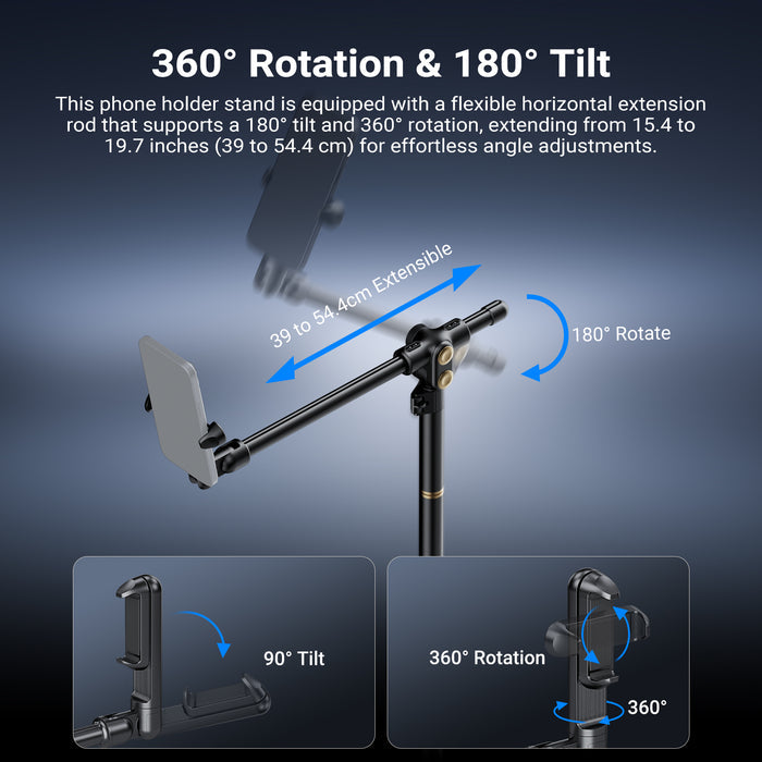 This phone holder stand is equipped with a flexible horizontal extension rod that supports a 180° tilt and 360° rotation.