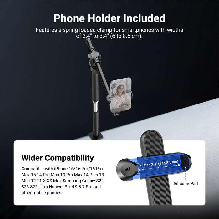 The phone holder features a spring loaded clamp for phones with widths of 6 to 8.5cm.