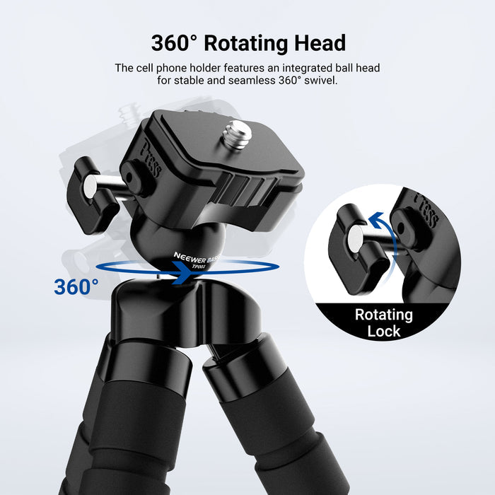 The cell phone holder for desk video recording features an integrated ball head for stable and seamless 360° swivel.