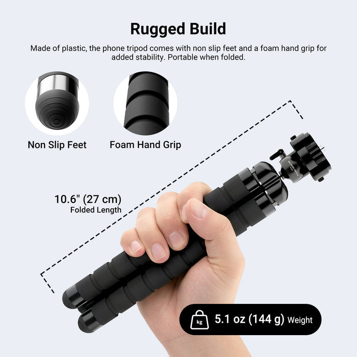Made of high strength plastic, the desk phone tripod stand for recording comes with non slip feet and a foam hand grip for added stability.