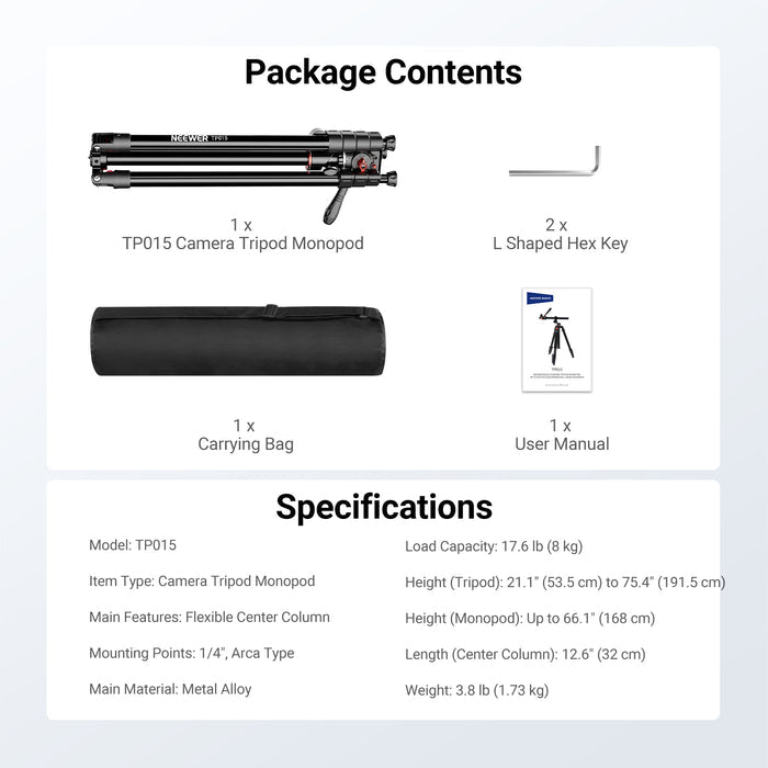 This package includes a NEEWER TP015 Camera Tripod Monopod, two L Shaped Hex Keys, and a carrying bag.