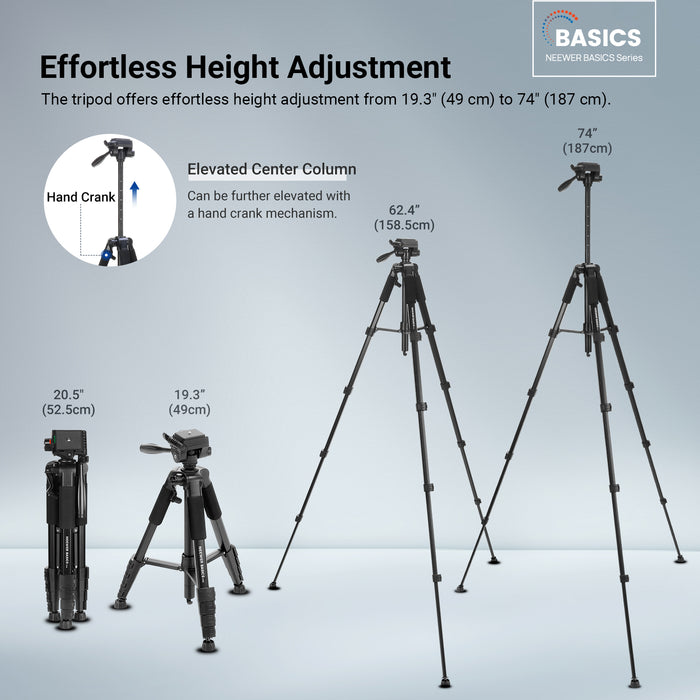 NEEWER TP56 Camera Tripod offers height adjustment from 49cm to 187cm.