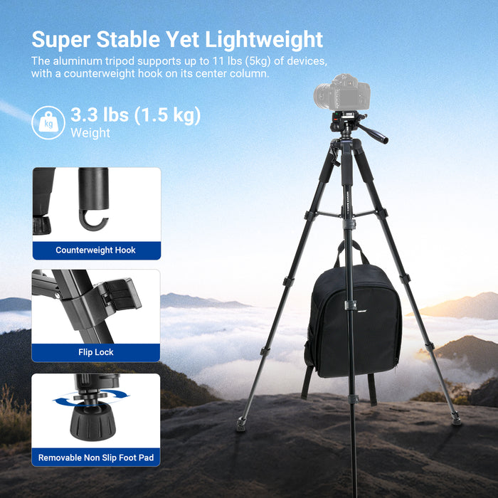 The aluminum alloy tripod supports up to 11 lbs of devices, with a counterweight hook on its center column.