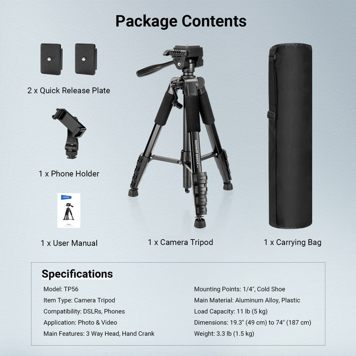 This package includes a camera tripod, a phone holder, two quick release plate, and a carrying bag.