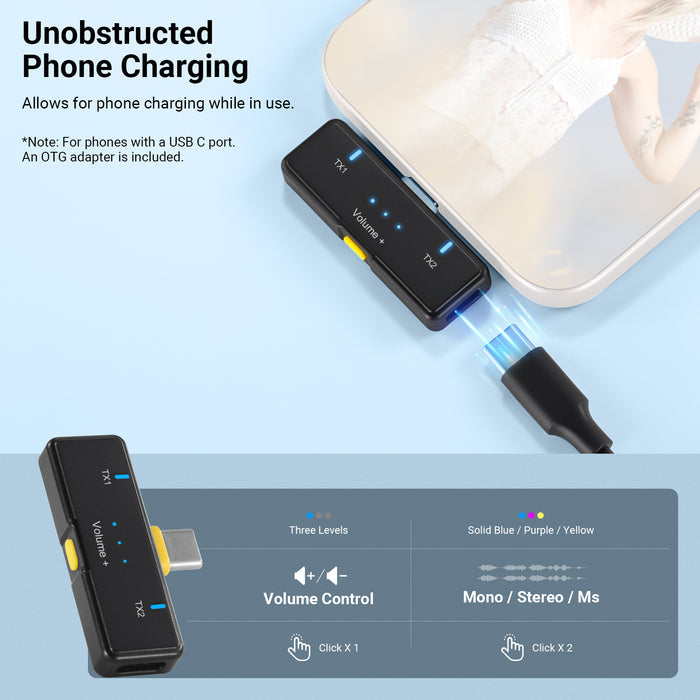NEEWER KM23C Mini Wireless Lavalier Microphone System allows for phone charging while in use.
