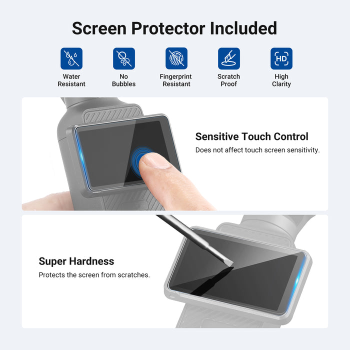 The included tempered glass screen protector shields the touchscreen from scratches while retaining its sensitivity