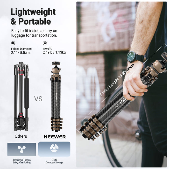 NEEWER LT39 Portable Carbon Fiber Travel Tripod is easy to fit inside a carry on luggage.