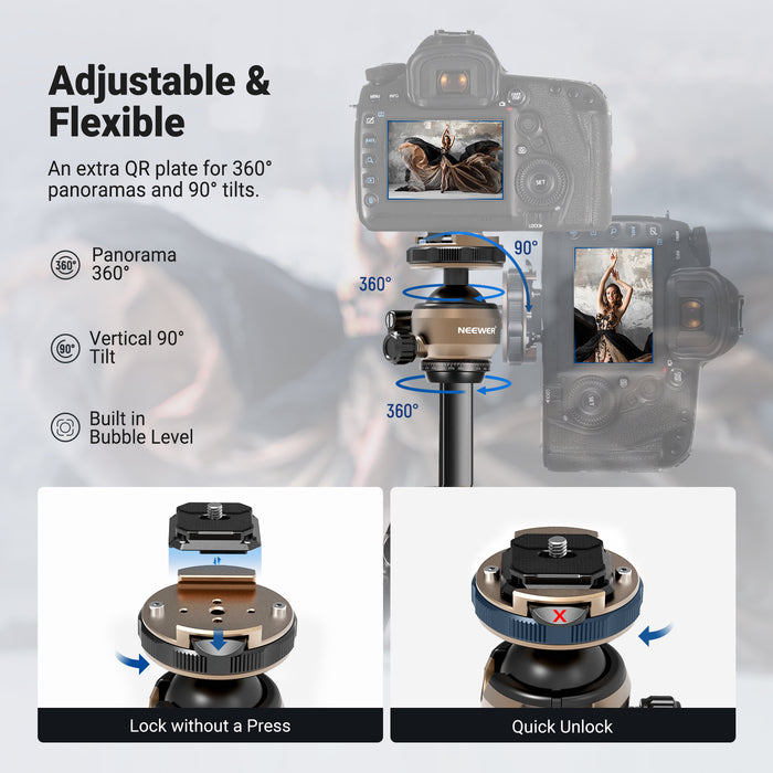 NEEWER LT39 Portable Carbon Fiber Travel Tripod features an extra QR plate for 360° panoramas and 90° tilts.
