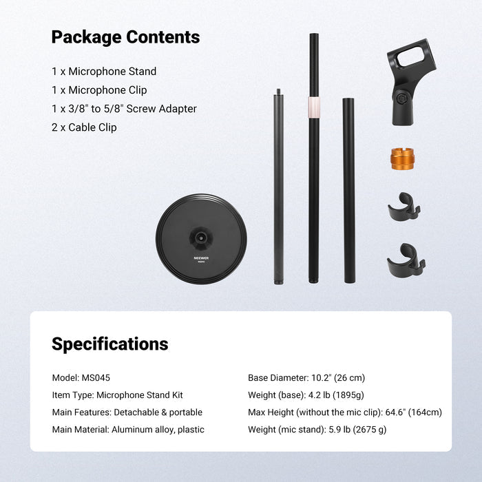 This package includes a microphone stand, a mic clip, a 3/8" to 5/8" screw adapter, and two cable clips.