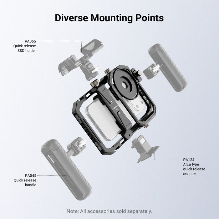 NEEWER PA058 Universal Phone Cage features diverse mounting points for QR handle, SSD holder, and Arca-type QR adapter.