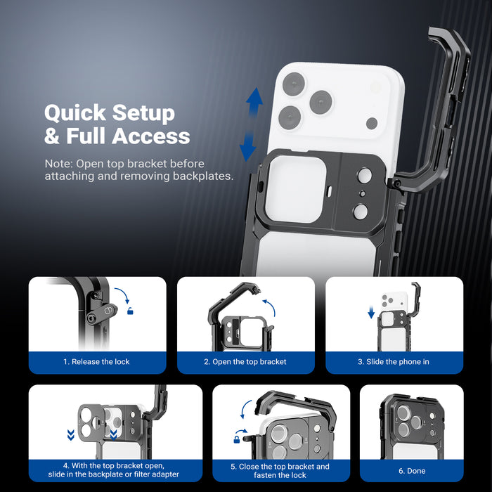 NEEWER Phone Cage Kit for iPhone 17 Pro opens and locks instantly with a side latch.