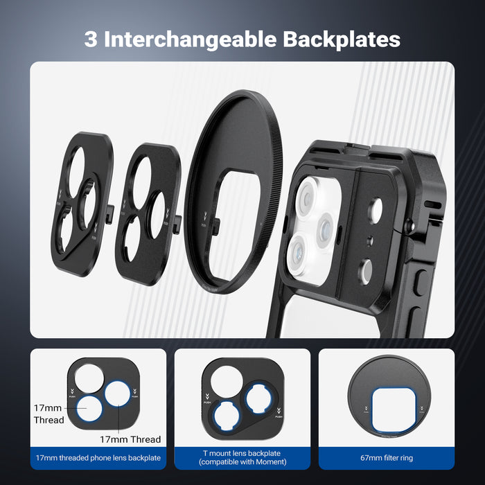 With a 67mm filter ring, 17mm threaded phone lens backplate, and T mount lens backplate (compatible with Moment) for creative shots.
