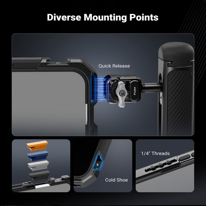 This cage compatible with iPhone 17 Pro/Pro Max features 1/4" threads and cold shoe mounts.