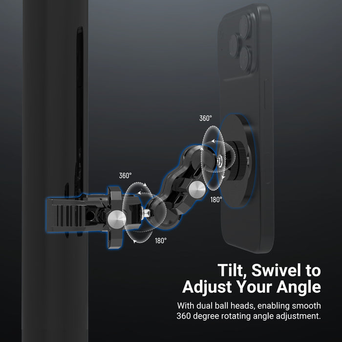 The flexible magic arm of the phone holder is engineered with dual ball heads.