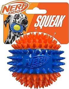 Nerf Dog three-part spike squeak ball in orange and blue thermoplastic rubber