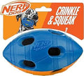 Nerf Dog Bash squeak and crunch football, blue and orange oval dog toy