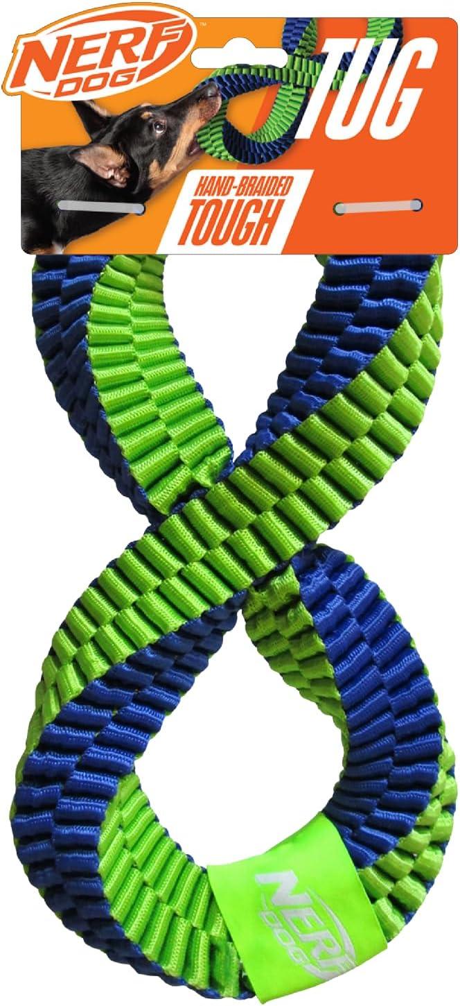Nerf Dog braided infinity tug rope in blue and green with a twisted square braid