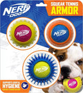 Pair of Nerf Dog squeak tennis armor balls with moulded rubber over tennis felt