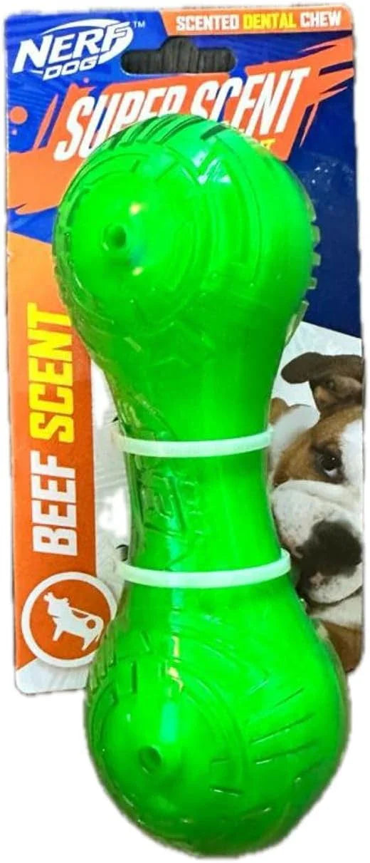 Nerf Dog Super Scent barbell chew in green and clear, dumbbell-shaped with ridged ends