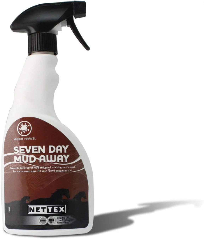 Nettex Seven Day Mud Away 500ml trigger spray bottle for horses, blue and white label