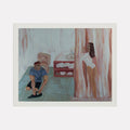 The artwork 'OCD Never Looked So Good' by Ali Ha features a bathroom scene painted in oil on canvas. A figure ties shoes on mint green floor tiles, while another figure stands near a rose-colored wall. The composition includes white bathroom fixtures and storage displaying folded towels, rendered in soft, muted tones with loose brushstrokes creating a dreamy, intimate atmosphere. By Ali Ha.