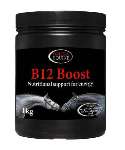 Omega Equine B12 Boost tub, 1kg, green and white equine supplement packaging