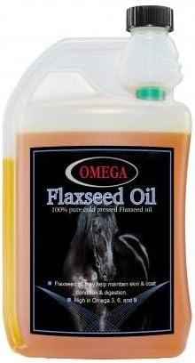Omega Equine cold pressed flax oil in a 1 litre bottle, conditioning oil for horses