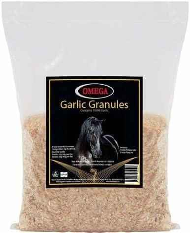 Omega Equine garlic granules in a 3kg bag, yard-size natural supplement for horses