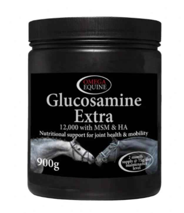 Omega Equine Glucosamine Extra 900g tub, vegan glucosamine joint supplement with MSM and hyaluronic acid