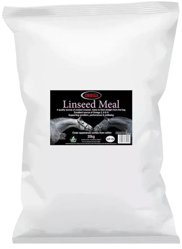 Omega Equine micronised linseed meal in a 20kg bag, high-oil conditioning feed for horses