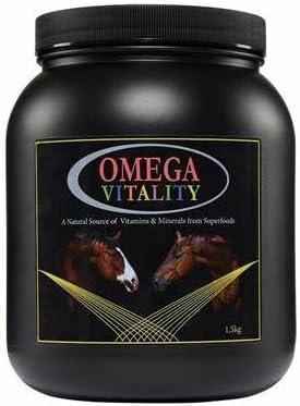 Omega Equine Vitality 1.5kg tub of superfood vitamin and mineral supplement for horses