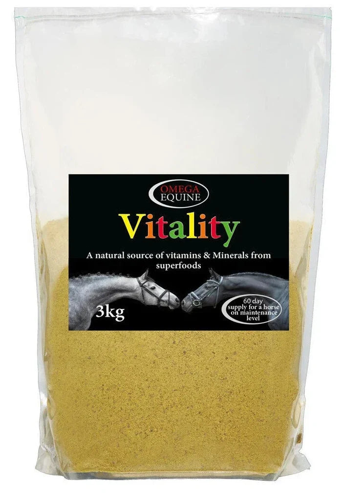 Omega Equine Vitality 3kg refill pouch, natural superfood vitamin and mineral supplement for horses