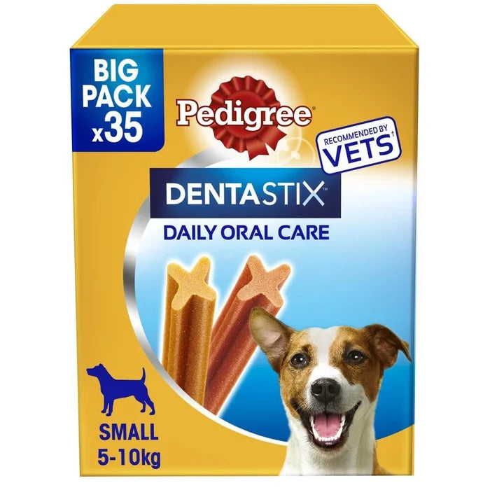 Pedigree Dentastix 35-stick bag of daily dental chews for small dogs, with sticks shown